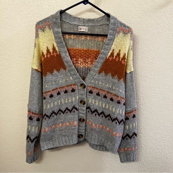 SO Gray Knit Cardigan Sweater with Colorful Accents (Size Large) - Picture 1 of 4